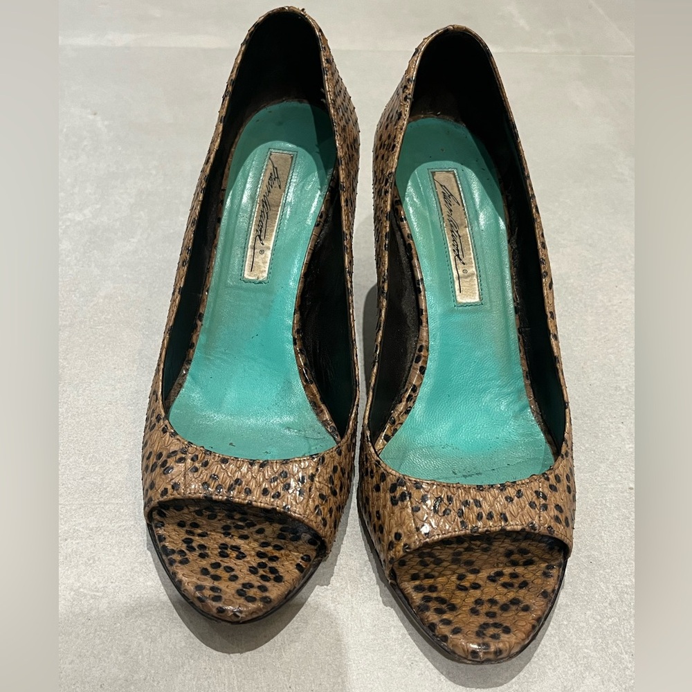 Brian Atwood peeptoe heels in embossed animal print.  EU39 (fit like US 8)